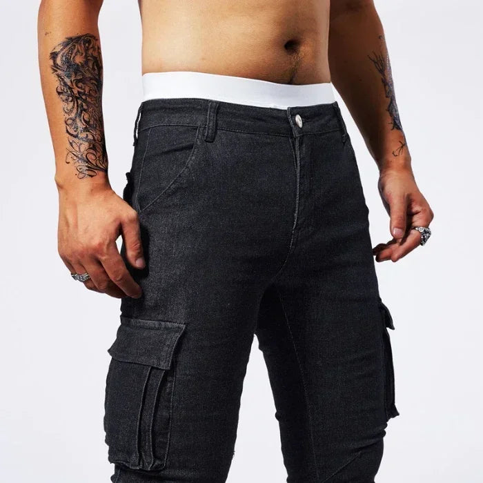 2025 New Men Street Elastic Denim Jeans Multi Pockets Cargo Pants Casual Slim Denim Trousers Fashion Y2k Joggers Baggy Man Pants