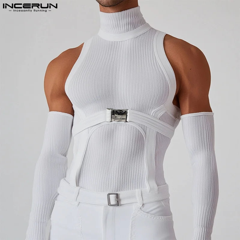INCERUN 2025 Men T Shirts Patchwork Turtleneck Off Shoulder Long Sleeve Casual Men Clothing Streetwear Sexy Unisex Tee Tops