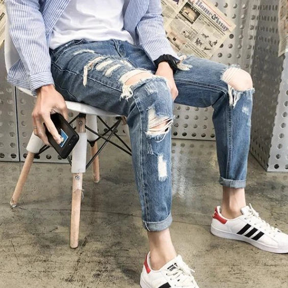 Retro Ripped Men's Jeans With Holes Tapered Slim Fit Trousers Korean Fashion Torn Broken Luxury Soft Loose Xs Man Cowboy Pants