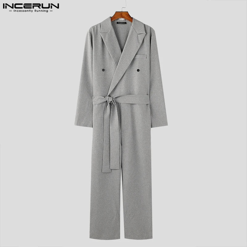 American Style Fashion Jumpsuit Casual Men's Suit Neck Double Breasted Jumpsuits Long Sleeved Casual Rompers S-5XL