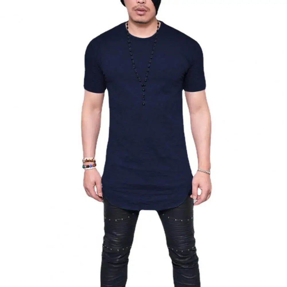 Trendy Men T-shirt Irregular Hem Men Summer T-shirt Slim Fit Crew Neck Men Summer T-shirt Match Pants