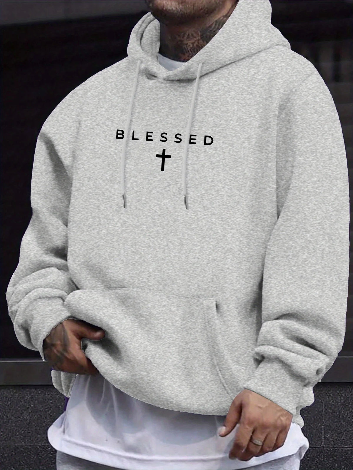Men's Fall/winter Casual Comfortable Hooded Sweater with Blessing Cross Pattern and Geometric Designs in A Loose Fit.