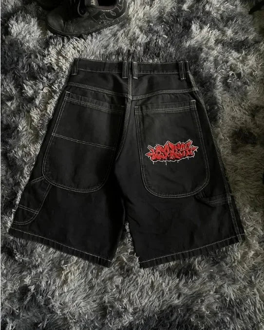 Gothic Punk Skull Letter Pattern Patchwork Shorts Men Y2k Streetwear Pants Hip Hop Fashion Denim Shorts Summer New Hot Sale
