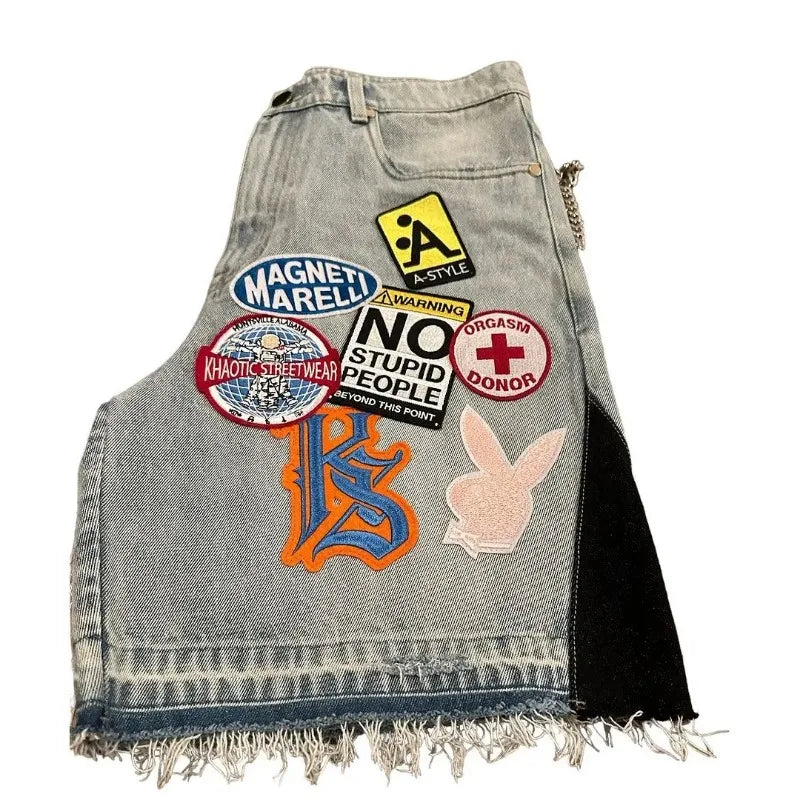 Y2K Jeans Men Women Hip Hop Cartoon Graphics Streetwear Retro Patchwork Denim Short Retro Blue Loose Denim Fitness Casual Shorts