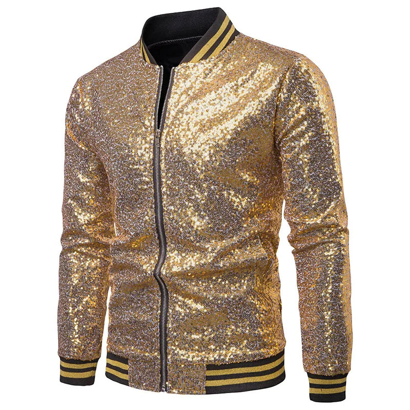 Mens Hoodies England Stand Collar Shiny Hoodie Men Zip Up Hip-Hop Male Baseball Hoody Men Stage Hooded Jacket B12