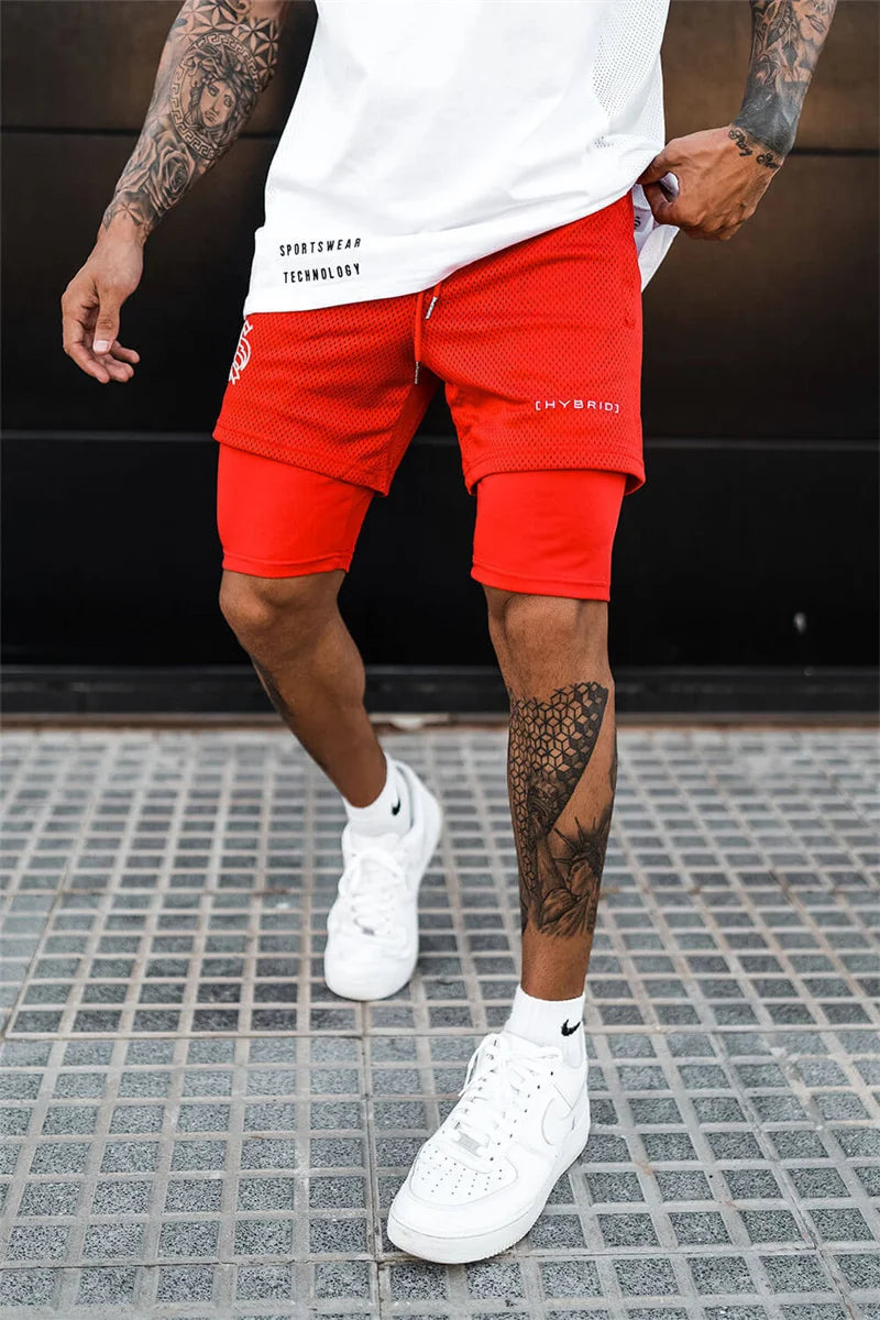 2024 summer mesh Sports Shorts Men Double-deck Jogging Running Shorts Men 2 IN 1 Mens GYM Shorts Fitness Workout Short Pants Man