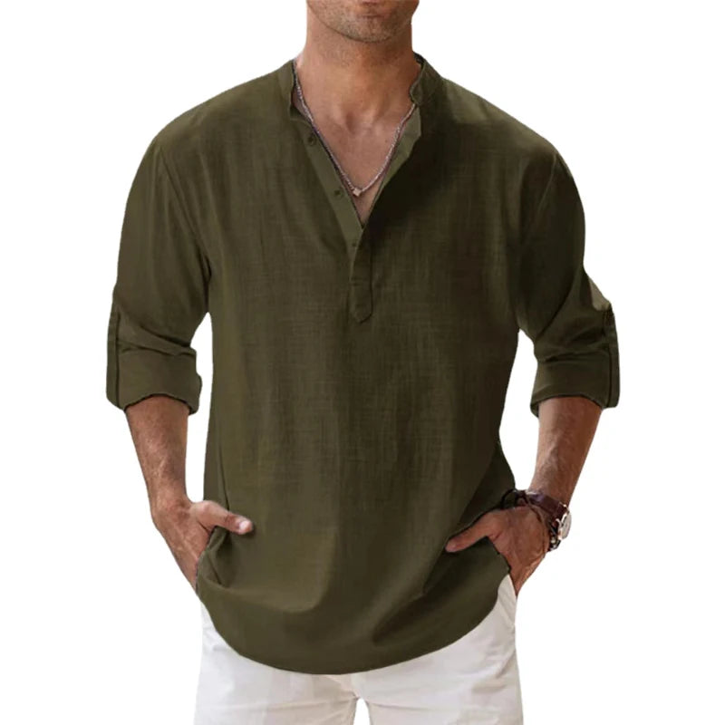 Spring and Autumn New Men's Linen Long Sleeve Breathable Shirt Solid Color Casual Basic Cotton Linen Shirt Tops Hemp Shirt