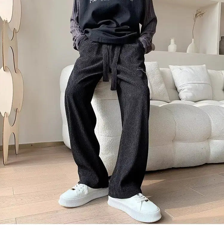 Casual Ice Silk Pants Men Wide Leg Lightweight Baggy Sweatpants White Straight Linen Trousers Male Summer Elastic Hiking