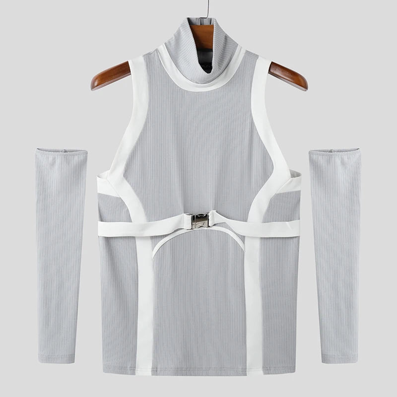 INCERUN 2025 Men T Shirts Patchwork Turtleneck Off Shoulder Long Sleeve Casual Men Clothing Streetwear Sexy Unisex Tee Tops