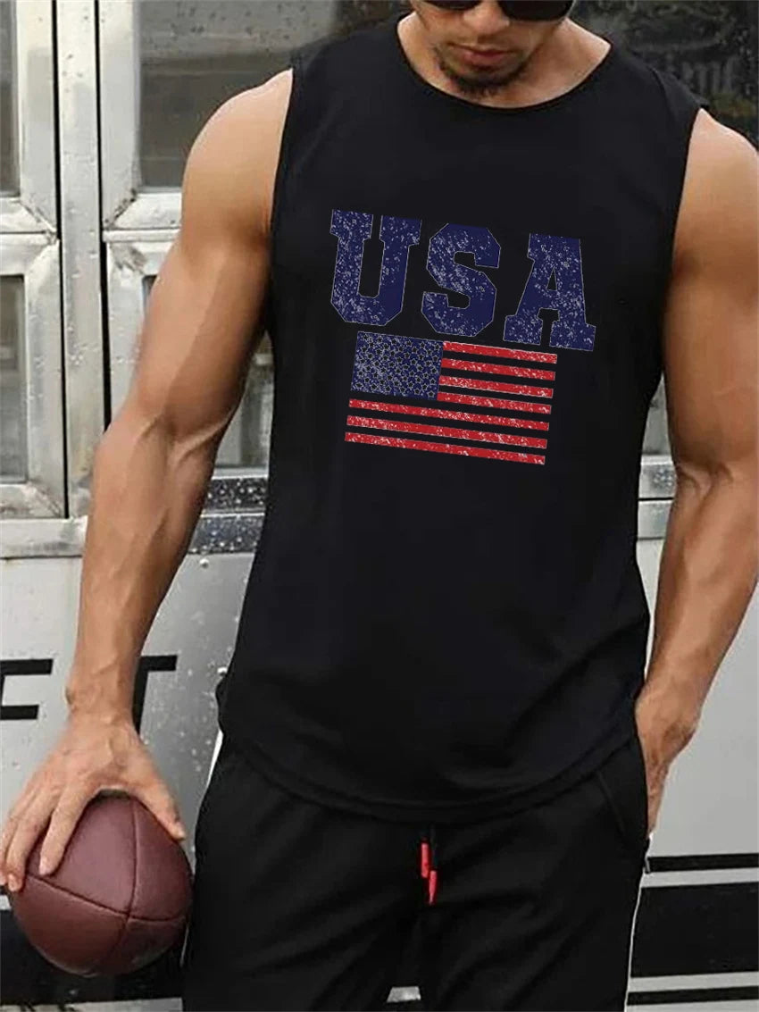 Summer men's loose oversized casual USA flag print sports fitness comfortable and breathable sleeveless vest T-shirt top
