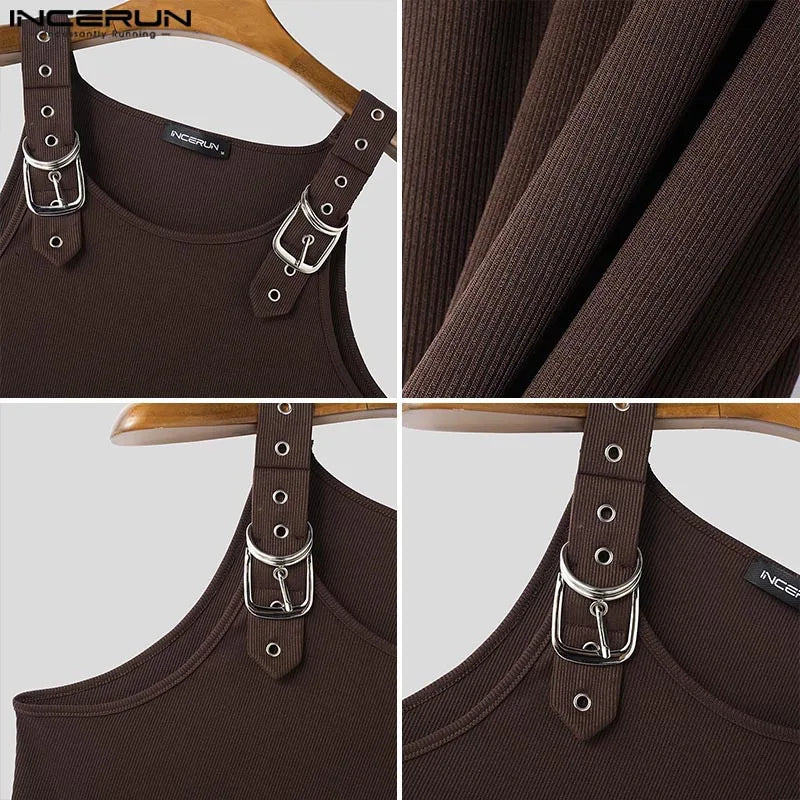 INCERUN Tops American Style Fashion New Men Deconstruction Design Metal Buckle Mesh Vests Casual Streetwear Male Solid Tank Tops