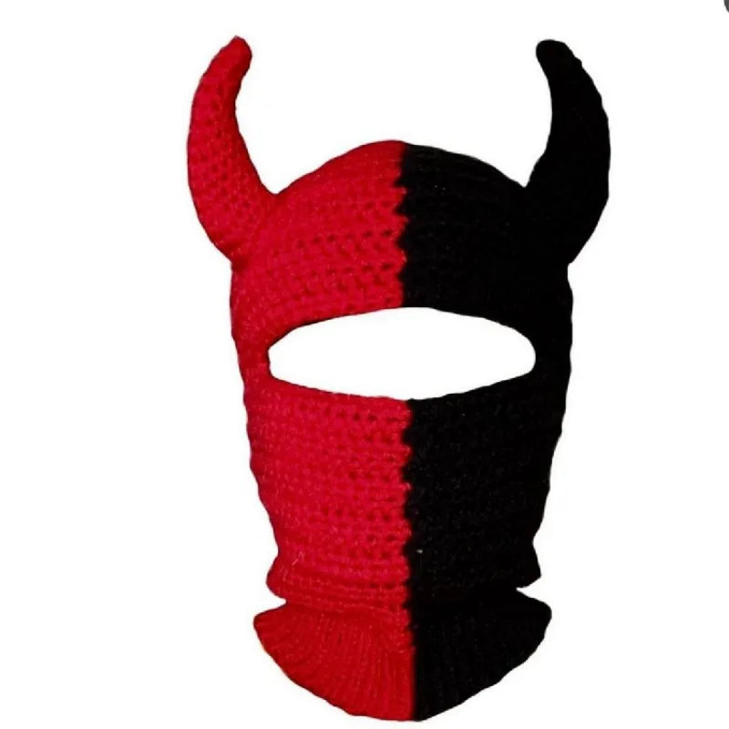 Funny Horns Knitted Hat Cosplay Halloween Masquerade Beanies Warm Full Face Cover Ski Mask Hat Windproof Helmet Trick Scare Prop