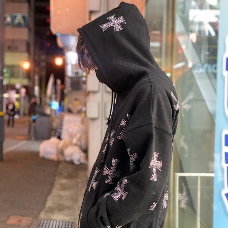 Rhinestone Full Zip Hoodie Skeleton Goth Sweatshirt Pull Long Sleeve Black Hoodies Y2k Fashion Men's Women's Sport Jackets Coats