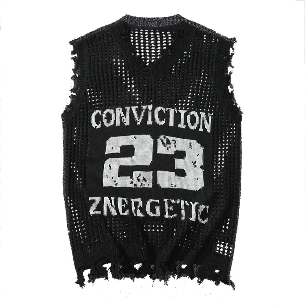Men's Knitted Vest Autumn Fashion Number Mesh Vest Casual Sleeveless Business Breathable Woolen Knit Top US Size
