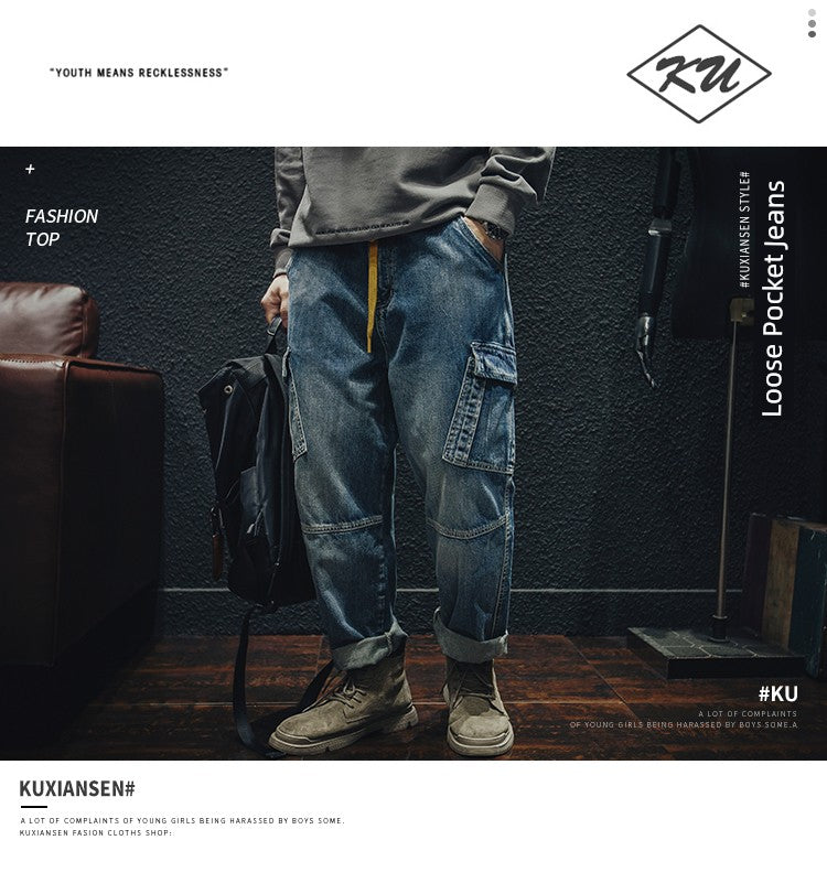 Trendy Spring Multi-Pocket Pants Retro plus Size Workwear