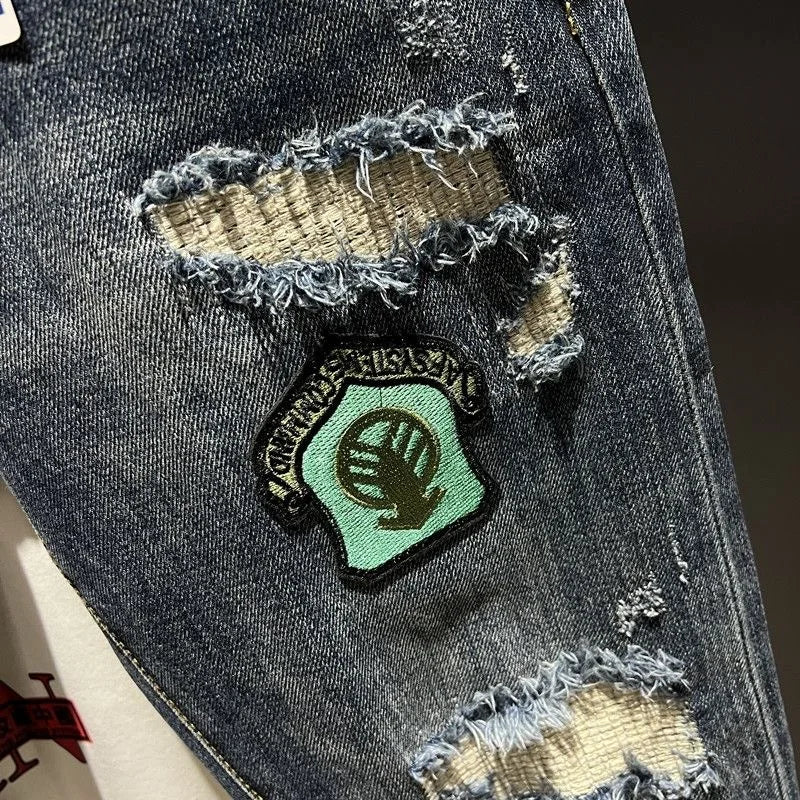 Spring and Autumn New Men's Fashion Trend Ripped Patch Small Foot Pants Men's Casual Slim Comfortable High-Quality Jeans