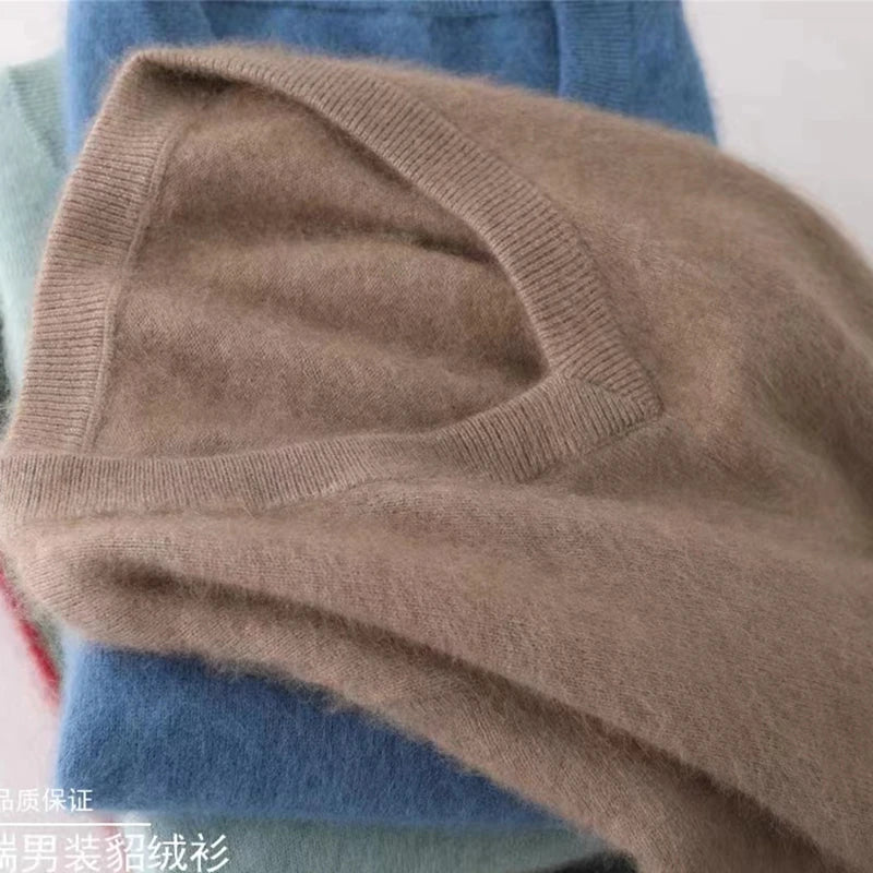 Men's 100% Pure Mink Cashmere Sweater V-neck Pullover Knit Bottoming Shirt Autumn And Winter New Long-Sleeve High-End Mink Tops