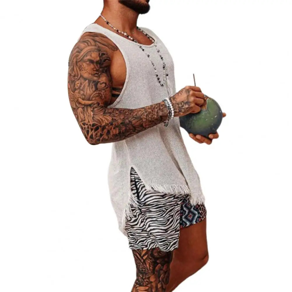 Men Tank Top Solid Color Sleeveless O Neck Knitted Summer Ripped Split T-shirt Tassel Men Vest Daily Clothes Men's Clothing