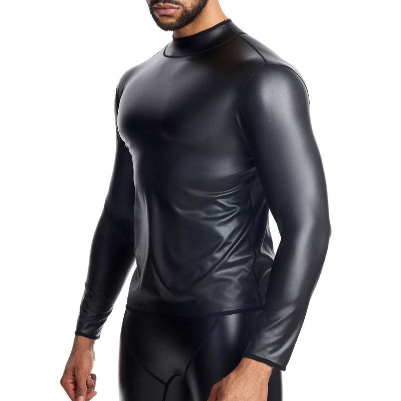 High quality Men's Leather Shirt New Men Sexy Leather T-Shirt Plus Size S-6XL Faux Leather Long Sleeve Top Black Slim Undershirt
