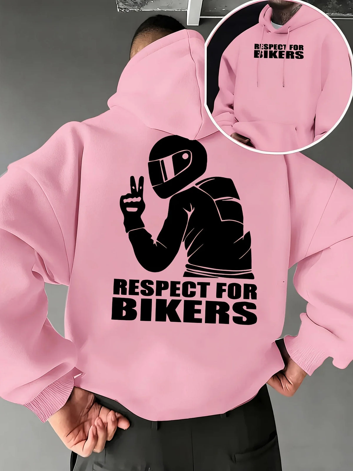 Biker Respect Statement Hoodie with Rider Peace Sign, Hip Hop Sport Style Loose Fit Casual Streetwear Long Sleeve Sweatshirt