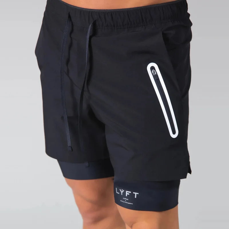 Double-deck fitness sports shorts men summer quick drying breathable woven Shorts Men's 2 IN 1training Gyms clothing