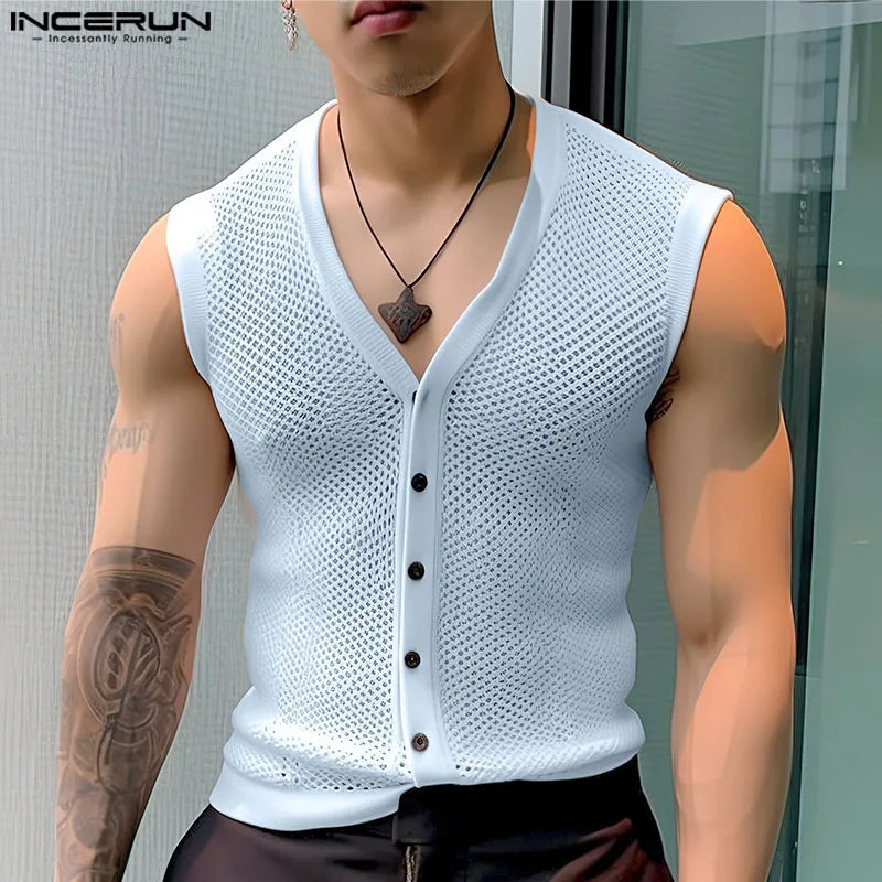 Fashion Leisure Style Tops INCERUN Men Personality Hollow Mesh Vests Summer Sexy Male Hot Sale V-neck Sleeveless Tank Tops S-5XL