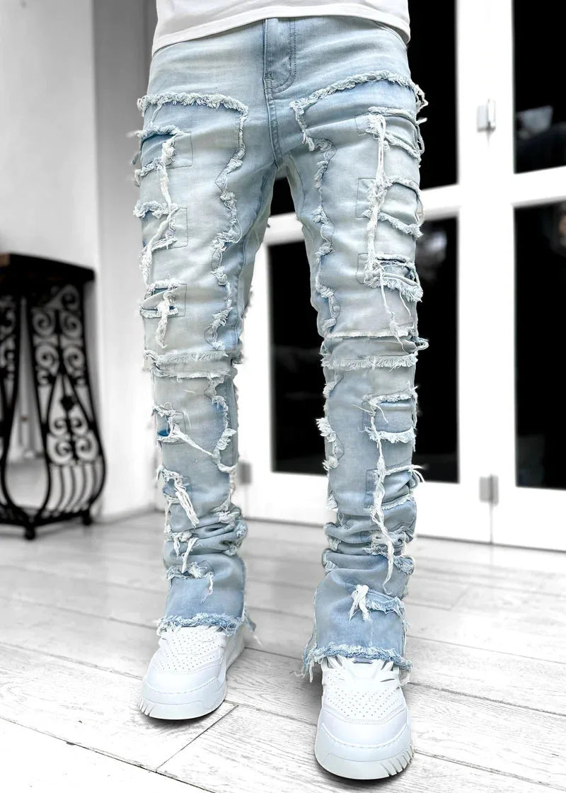 High Street White Men's Stacked Jeans Stretched Patchwork Tassel Damaged Denim Full Length Pants Hip-pop Trousers For Male 