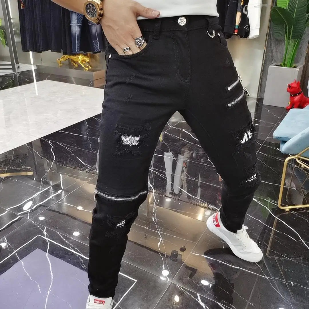 Luxury Men's High Street Korean Black Jeans with Zipper Distressed Hole Designer Youth Trend Slim-Fit Black Cotton Trousers
