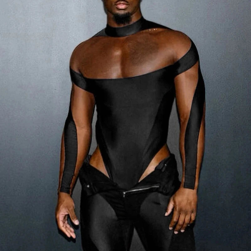 Sexy See Through Mesh Jumpsuits Tees Mens Spring Party Fashion Patchwork Mesh T-shirts Men Stylish Slim Fit Long Sleeve Pullover