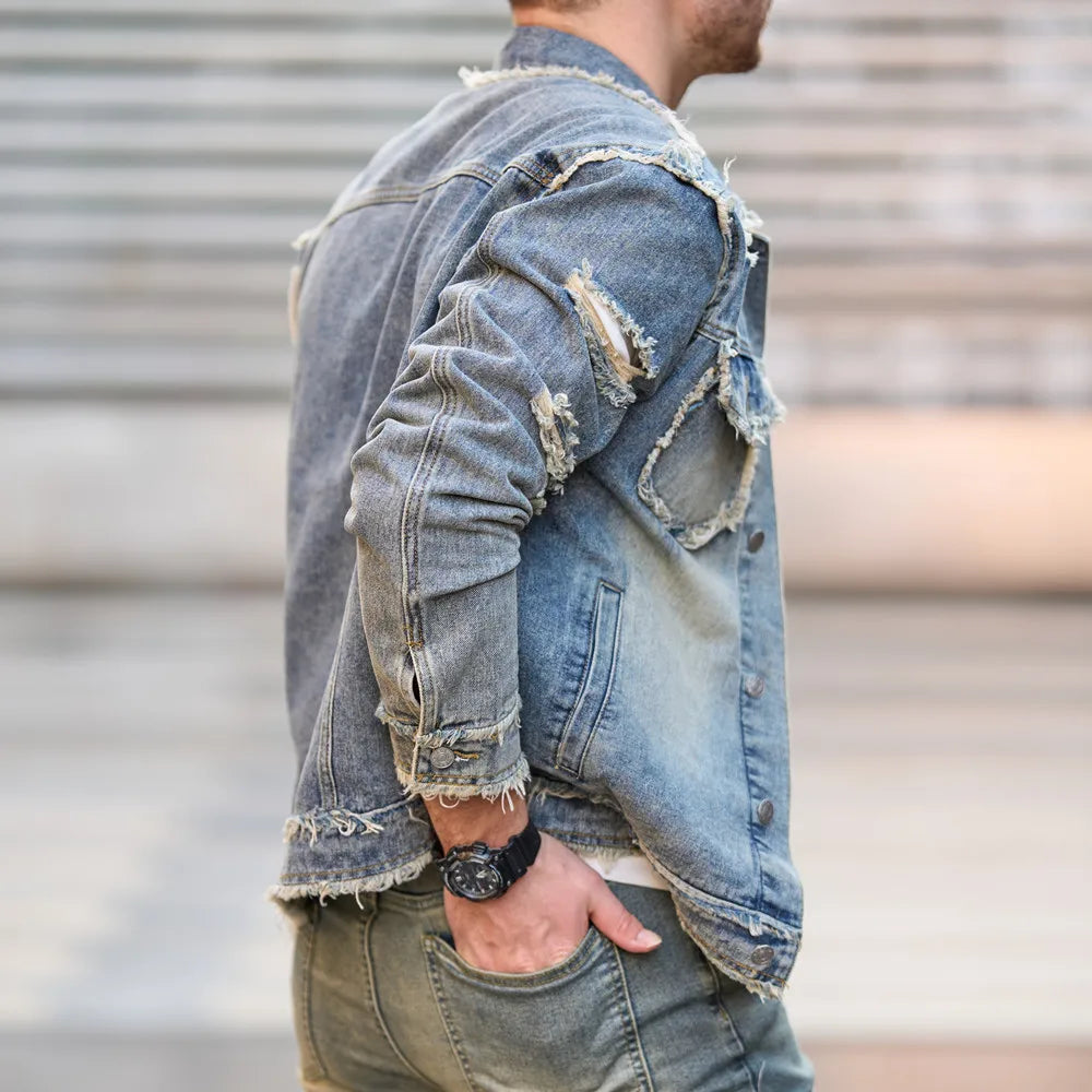 New Men Autumn Streetwear Fashion Solid Ripped Slim Denim Jacket High quality Male Holes Casual Jacket Coat