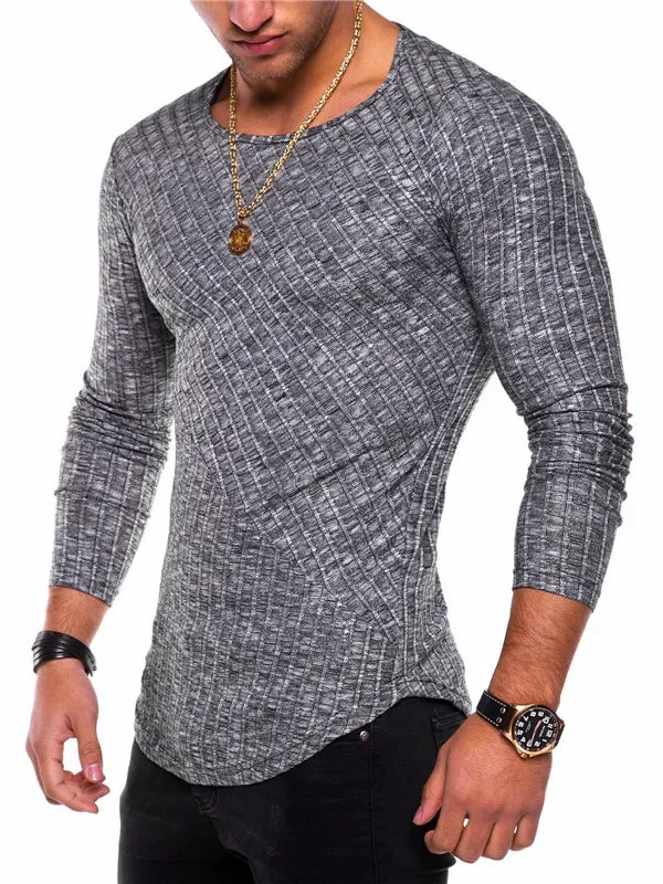 Men's Knitted Thin Base Sweater with Curved Hem Design Round Neck Tight Fit Elastic Long Sleeved T-shirt Thin Sweater
