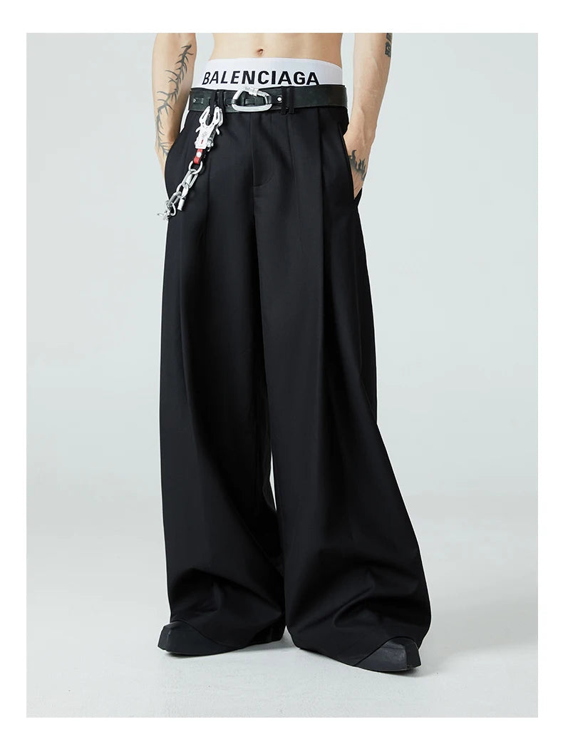 Mauroicardi Spring Autumn Long Loose Casual Baggy Flowy Soft Black Pleated Wide Leg Pants Men Luxury Designer Emo Clothing 2024