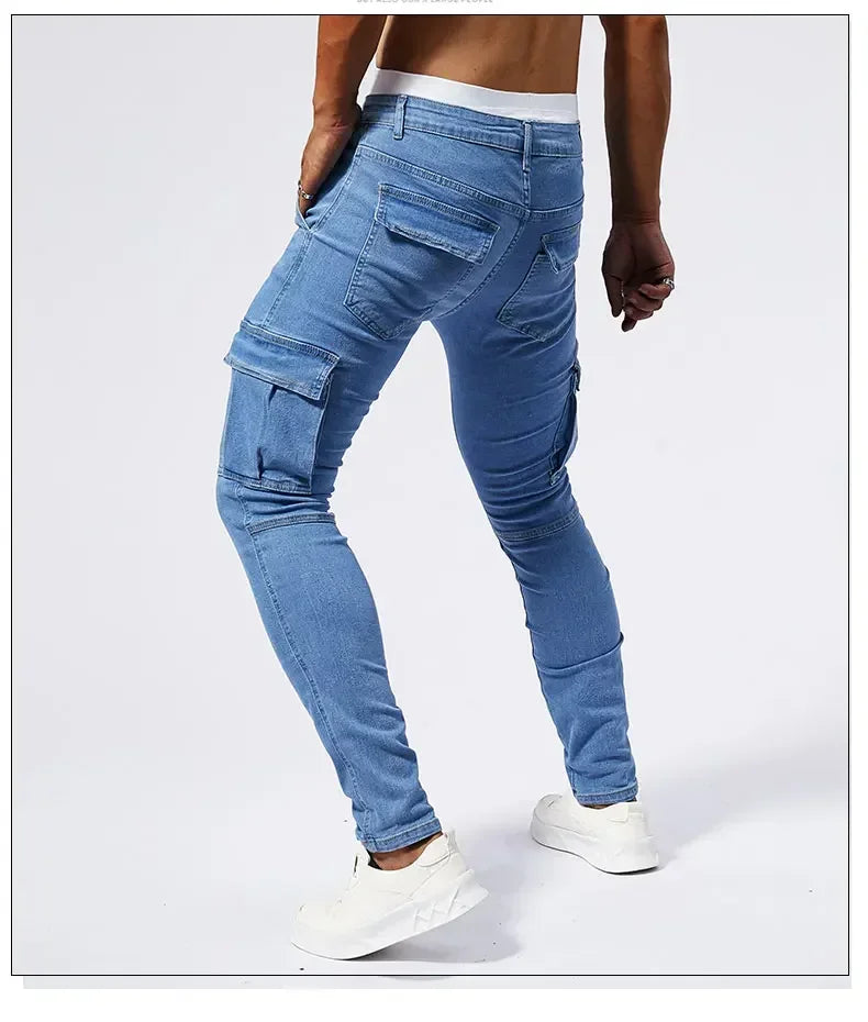 2025 New Men Street Elastic Denim Jeans Multi Pockets Cargo Pants Casual Slim Denim Trousers Fashion Y2k Joggers Baggy Man Pants