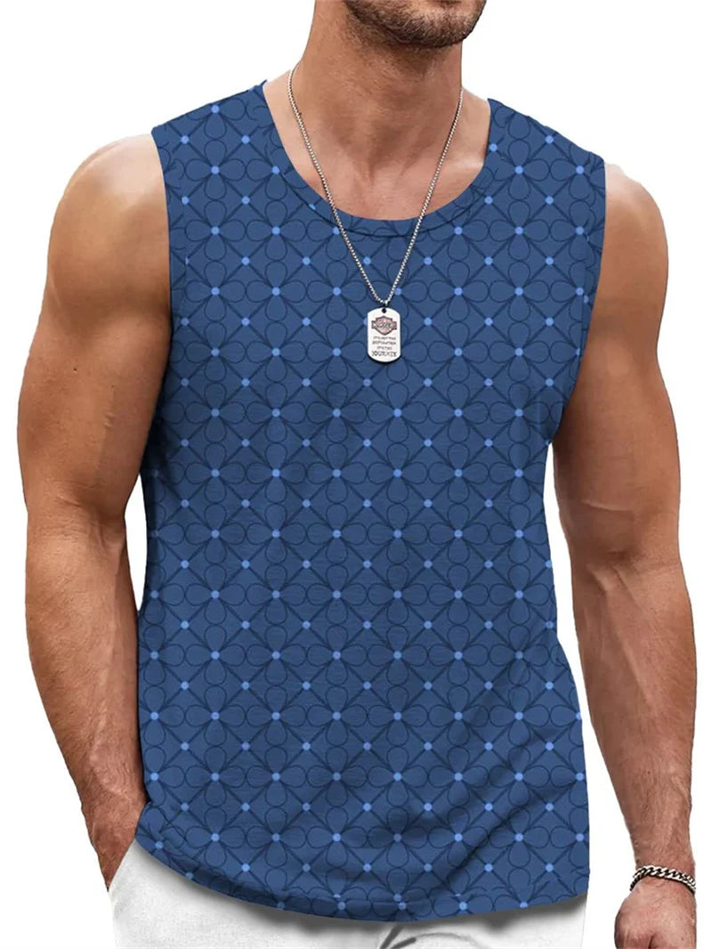 Mens Retro Geometric 3D Printed Tank Top Summer Casual Crew Neck Fashion Trend Sleeveless Vest Loose Breathable Sports Tops