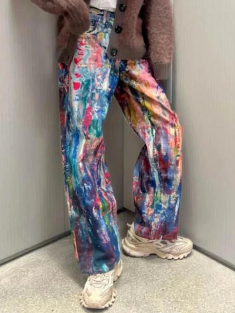 Y2K Fashion Men's Colorful Printing Denim Pants Spring Autumn New Casual Loose Straight Jeans Men Hip Hop Baggy Jean Trousers