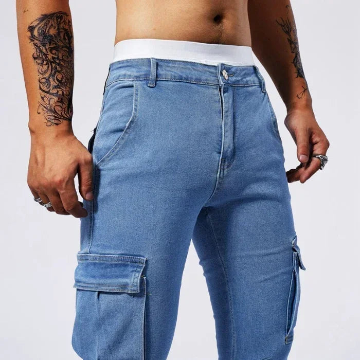 2025 New Men Street Elastic Denim Jeans Multi Pockets Cargo Pants Casual Slim Denim Trousers Fashion Y2k Joggers Baggy Man Pants