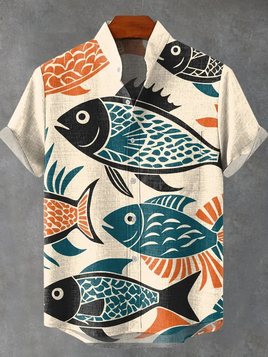 2025 Summer Blue Fish Line Retro 3D Printed Casual Fashion 100% Linen Men's Short sleeved Stand up Collar Shirt