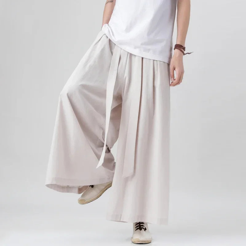 Spring Men Chinese Style Cotton Linen Harajuku Pants Men Kung Fu Kimono Trousers Male Street Wushu Wide Leg Pants Bottom