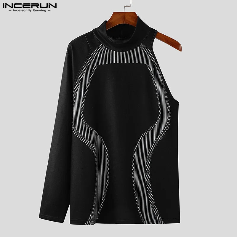 Men Simple Camisetas Men INCERUN Well Fitting Long Sleeved Handsome Knitted T-Shirts 2024 Casual Printing Stand Collar Male Tops