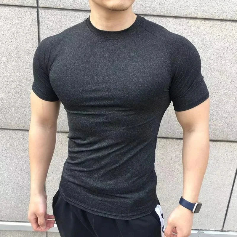 2025 New Men Summer Short Sleeve Fitness Shirt Running Sport Gym Compression T Shirt Workout Casual Elastic Force Tops Clothing