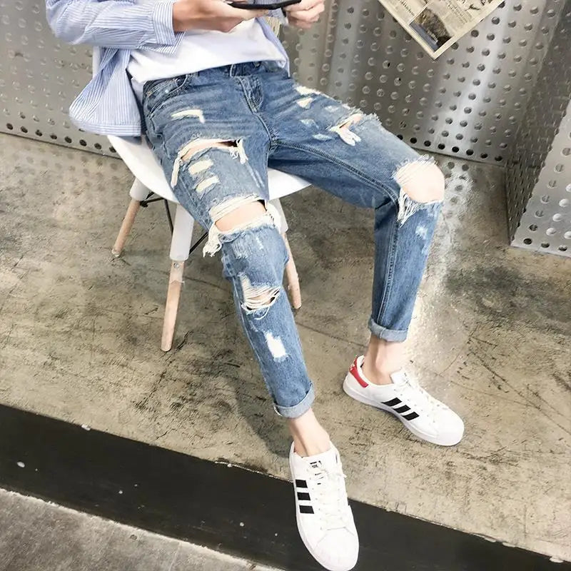 Retro Ripped Men's Jeans With Holes Tapered Slim Fit Trousers Korean Fashion Torn Broken Luxury Soft Loose Xs Man Cowboy Pants