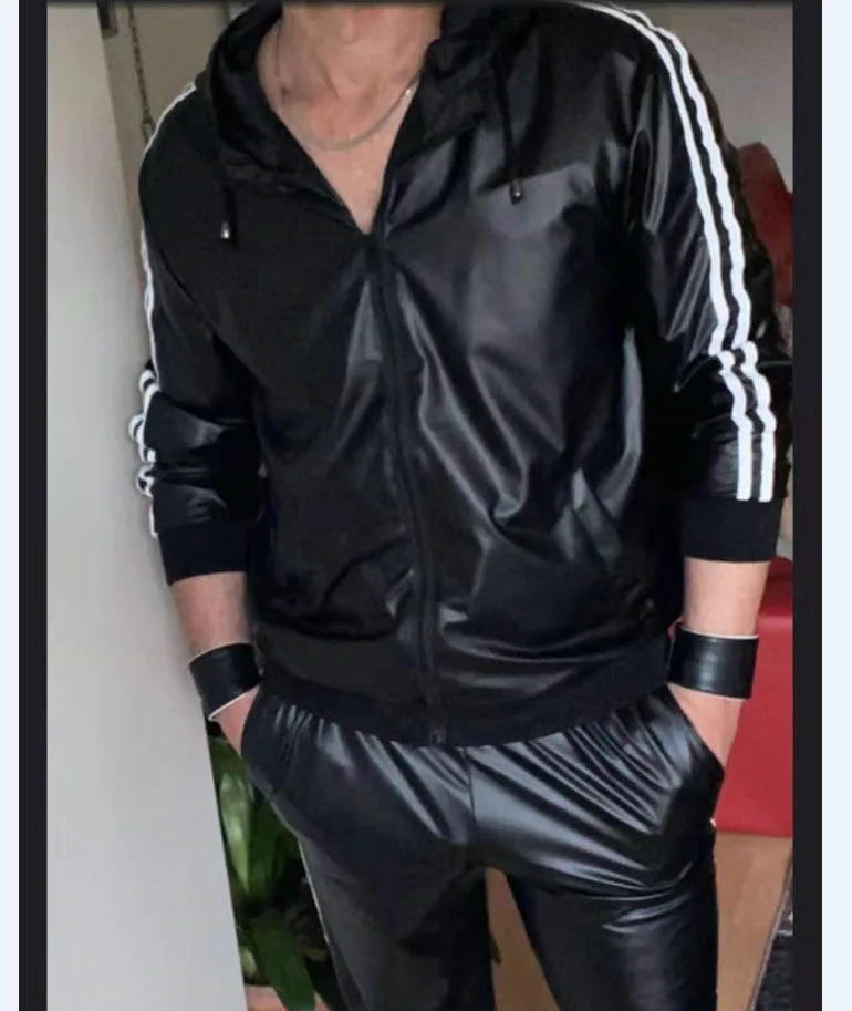 Men's PU Leather Hoodie Suit Casual Sportswear Hooded Jogging Suit Sportswear Men Outfit Set Juicy Tracksuit