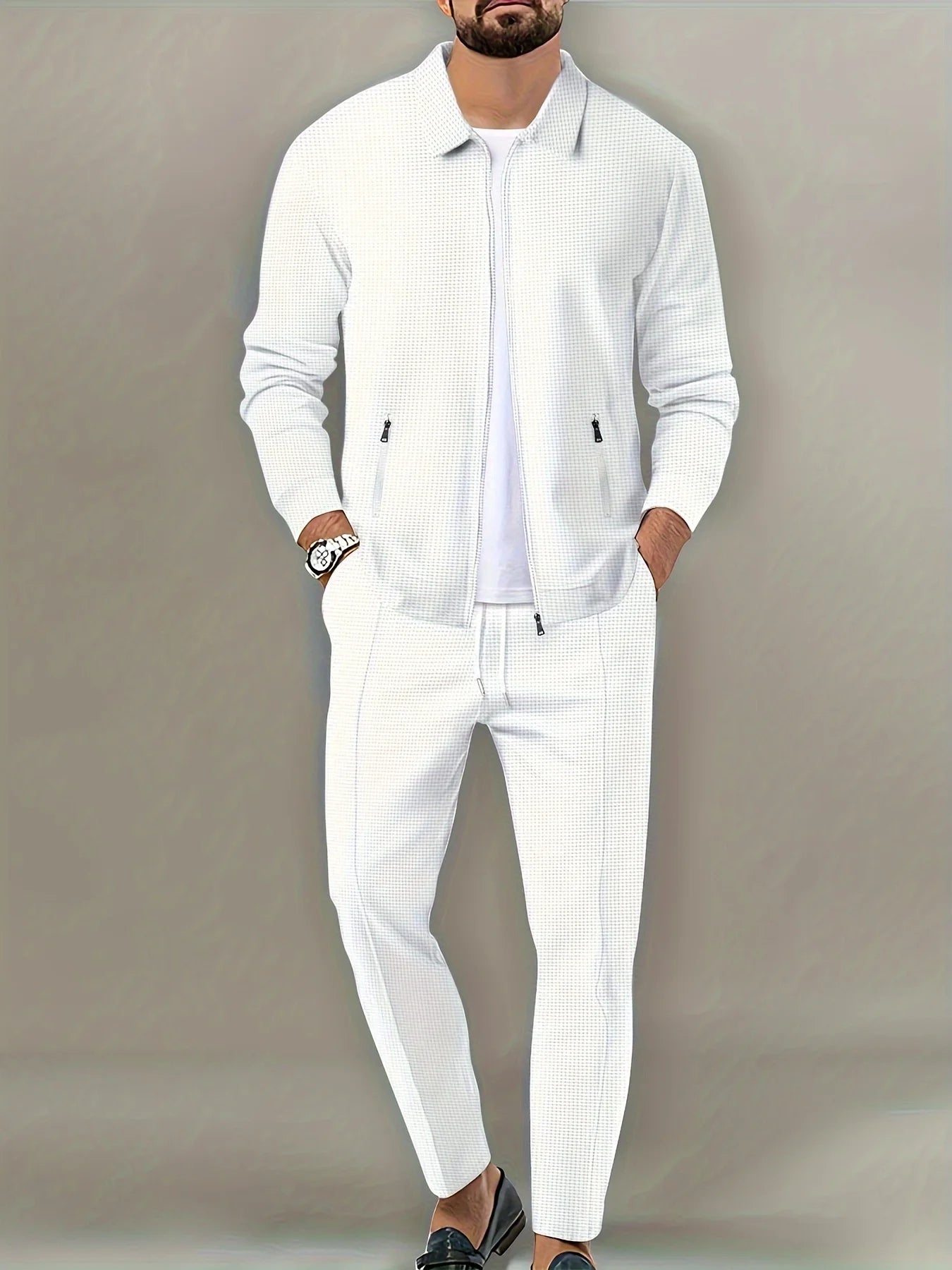 Men's Slim Fit Jacket with Zipper Pocket, Long Sleeved Sportswear, Cardigan Jacket Set, Long Pants, Elegant, two-Piece Set