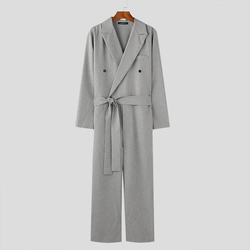 American Style Fashion Jumpsuit Casual Men's Suit Neck Double Breasted Jumpsuits Long Sleeved Casual Rompers S-5XL