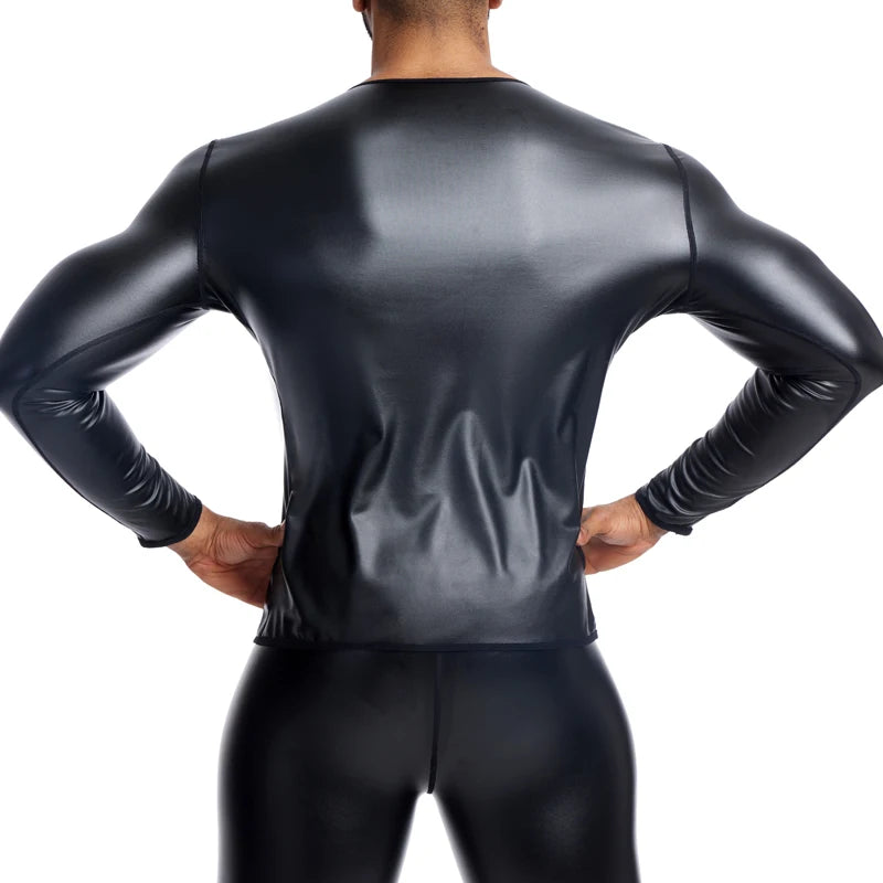 High quality Men's Leather Shirt New Men Sexy Leather T-Shirt Plus Size S-6XL Faux Leather Long Sleeve Top Black Slim Undershirt