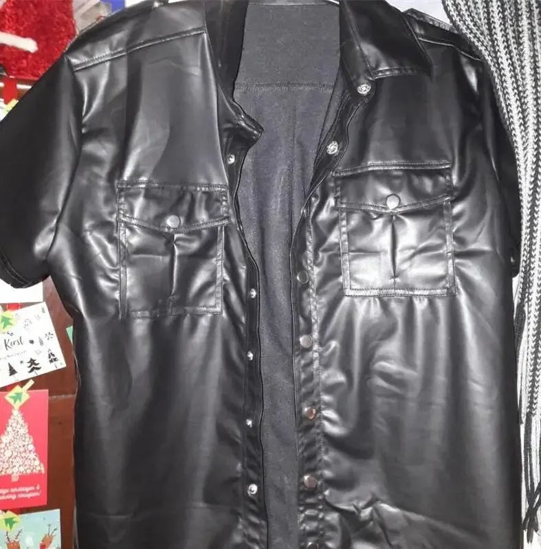 S-2XL Fashion Wet Look Black Faux Leather Men Sexy Two Pockets Tops Tees DS Night Motorcycle Short Sleeves Shirts With Button