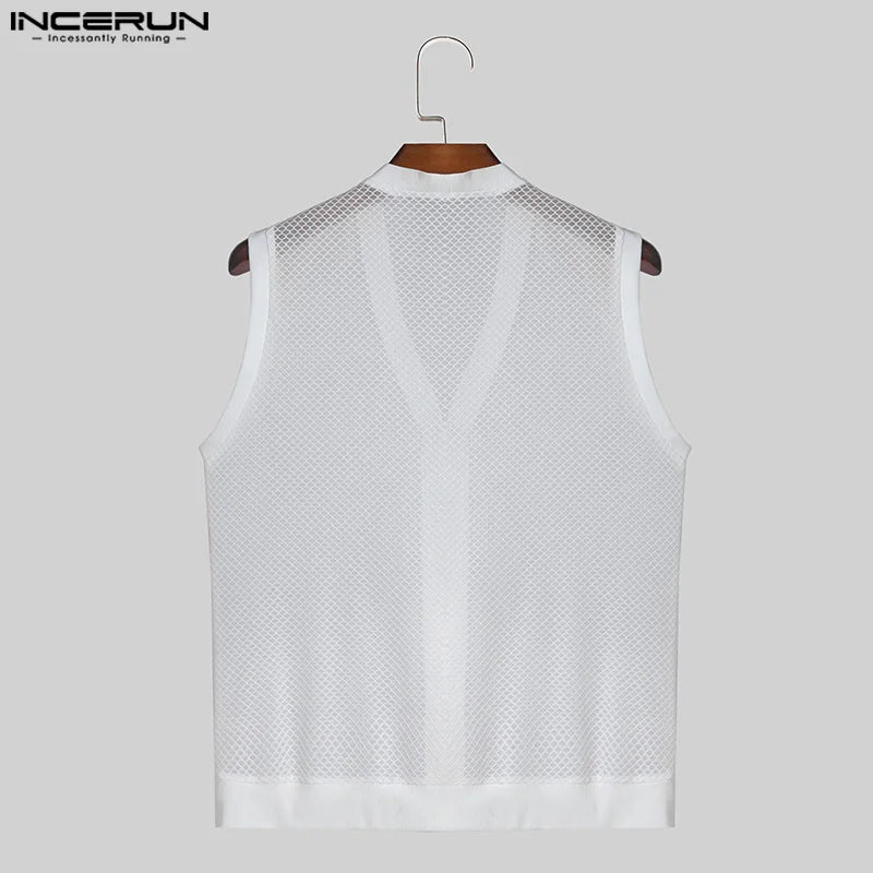 Fashion Leisure Style Tops INCERUN Men Personality Hollow Mesh Vests Summer Sexy Male Hot Sale V-neck Sleeveless Tank Tops S-5XL