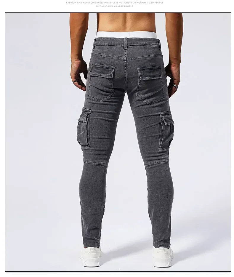 2025 New Men Street Elastic Denim Jeans Multi Pockets Cargo Pants Casual Slim Denim Trousers Fashion Y2k Joggers Baggy Man Pants