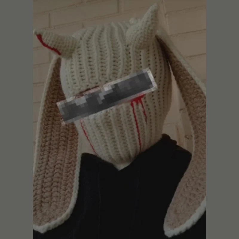 Funny Horns Knitted Hat Cosplay Halloween Masquerade Beanies Warm Full Face Cover Ski Mask Hat Windproof Helmet Trick Scare Prop