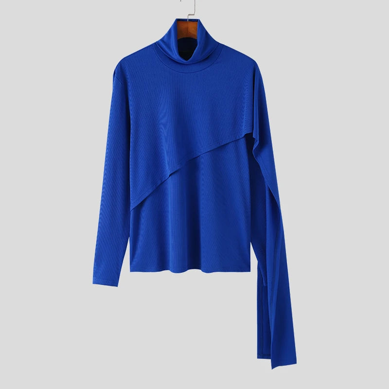 INCERUN Men Irregular Pullovers Solid Color Turtleneck Long Sleeve Knitted Casual Sweaters Streetwear Autumn 2023 Men Clothing